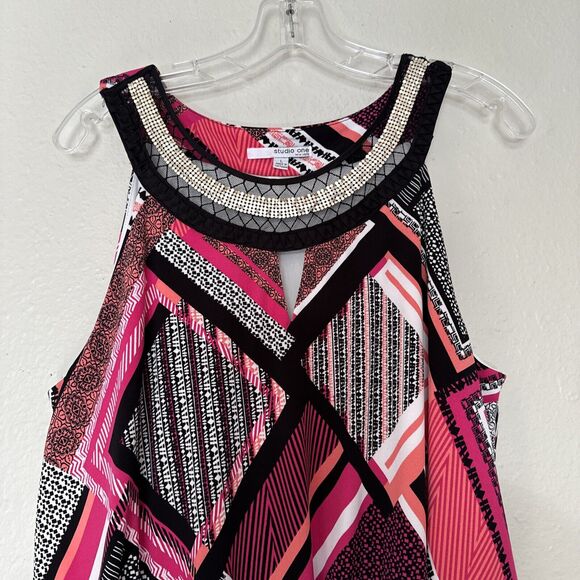 Women’s Liquid Knit Dress Embellished Multicolor Long Sleeveless Geometric Sz L - Picture 11 of 16